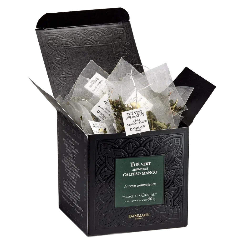 Thé vert Calypso Mango Dammann - boîte de 25 sachets ouverte