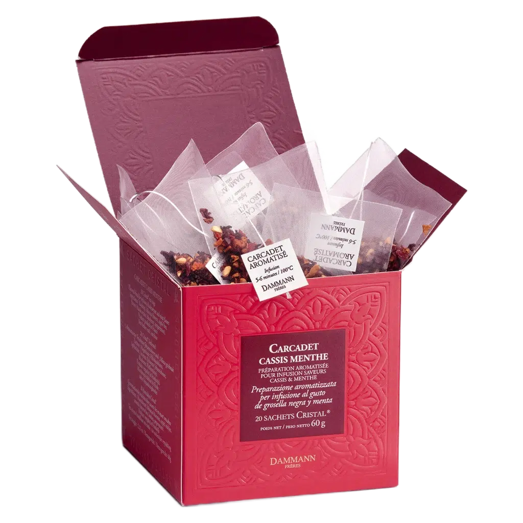 Carcadet Cassis Menthe Dammann - boîte de 20 sachets ouverte