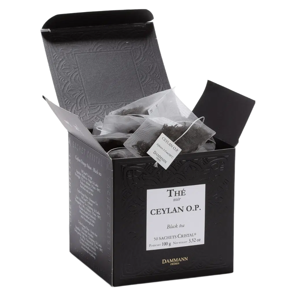 Thé noir Ceylan O.P. Dammann - boîte de 50 sachets ouverte