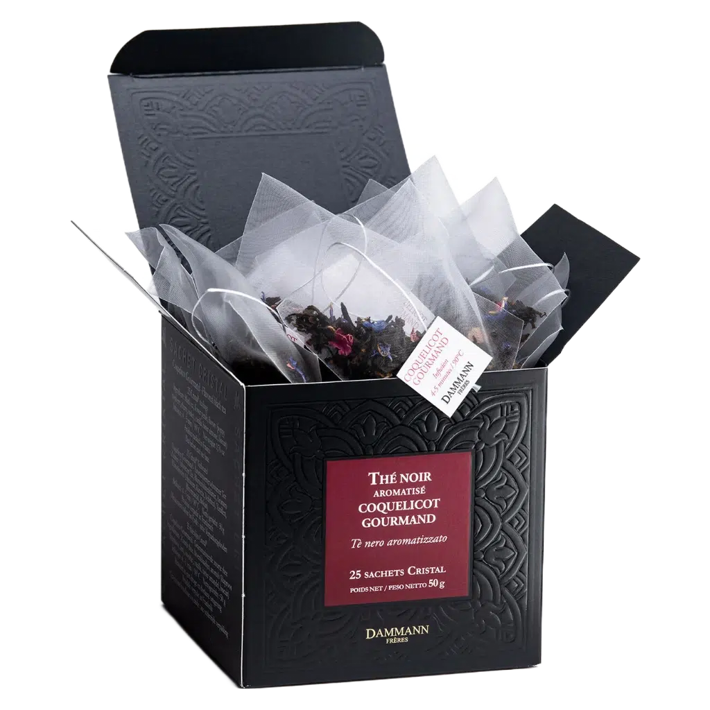 Thé Noir Coquelicot Gourmand Dammann - boîte de 25 sachets ouverte