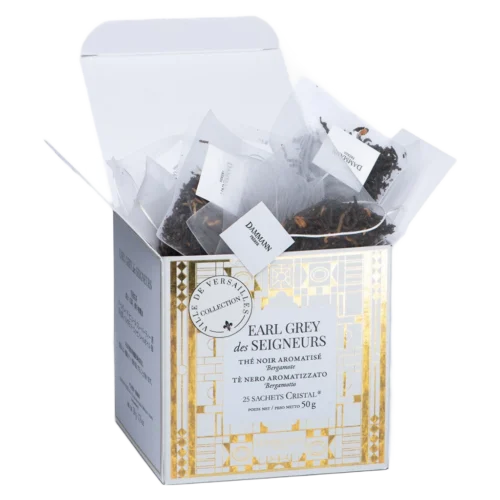 Thé noir Earl Grey des Seigneurs Dammann - boîte de 25 sachets ouverte