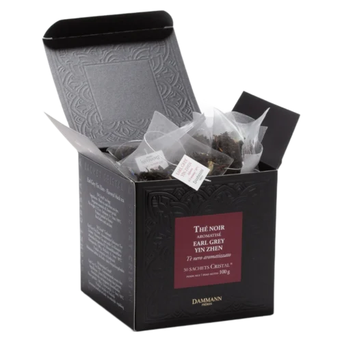 Thé noir Earl Grey Yin Zhen Dammann - boîte de 50 sachets ouverte