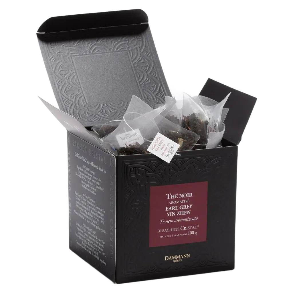 Thé noir Earl Grey Yin Zhen Dammann - boîte de 50 sachets ouverte