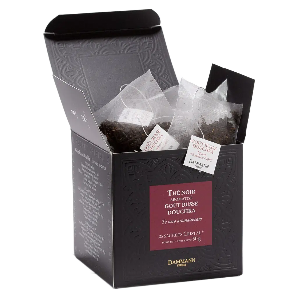 Thé noir Goût Russe Douchka Dammann - boîte de 25 sachets ouverte