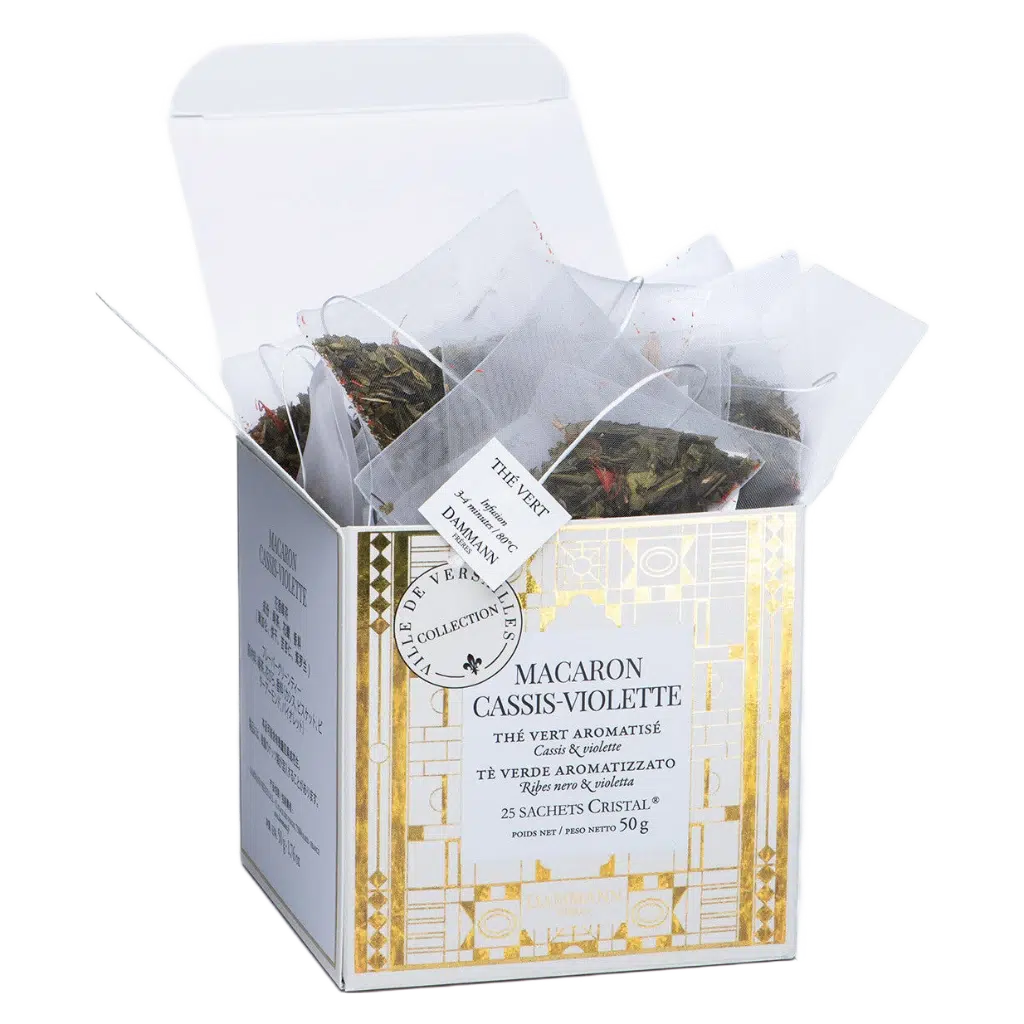 Thé noir Macaron Cassis Violette Dammann - boîte de 25 sachets ouverte