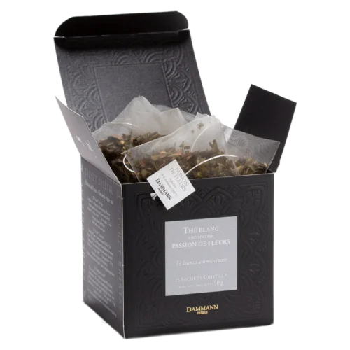 Thé Blanc Passion de Fleurs Dammann - boîte de 25 sachets ouverte