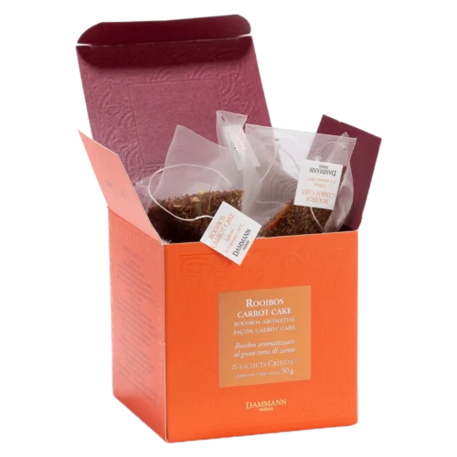 Rooibos Carrot Cake Dammann - boîte de 25 sachets ouverte