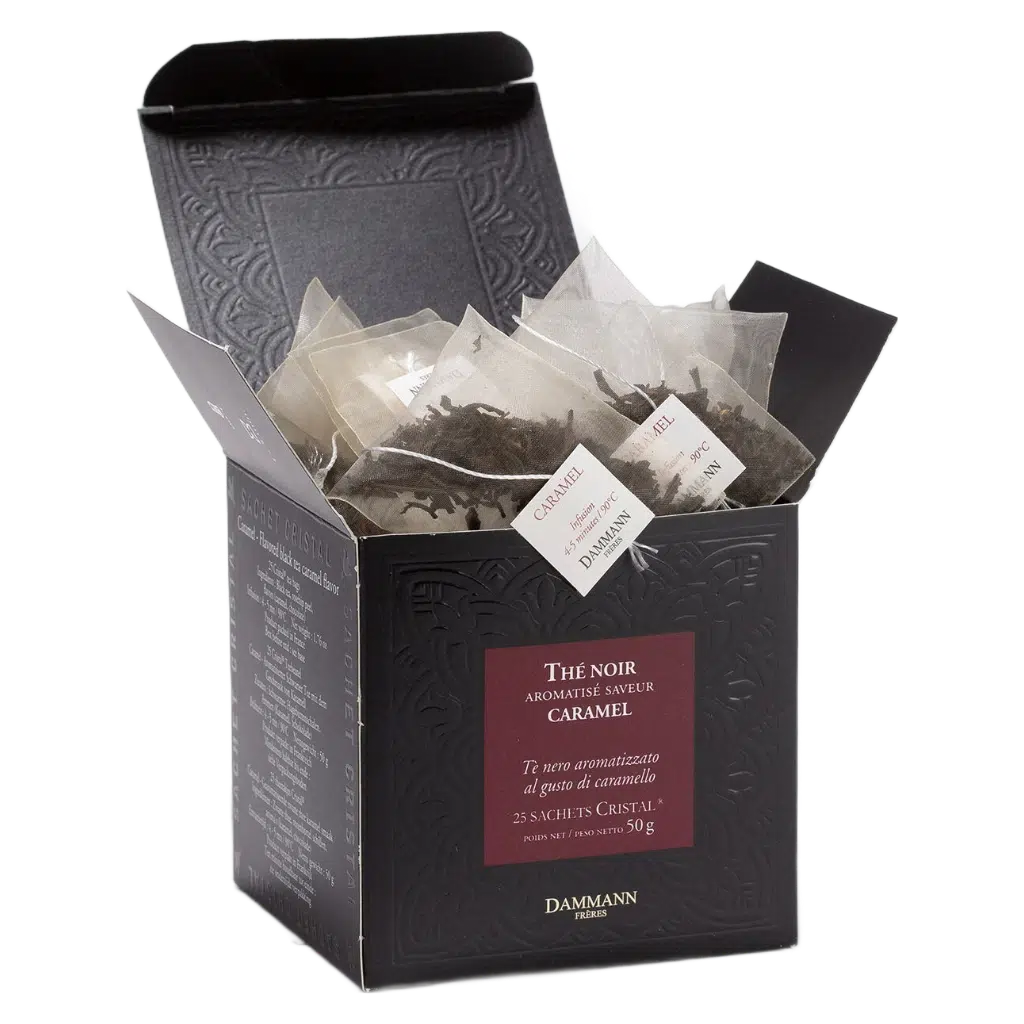 Thé noir Caramel Dammann - boîte de 25 sachets ouverte