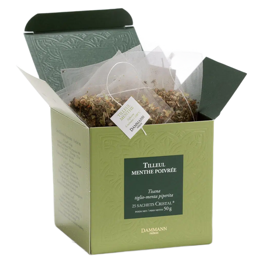 Tisane Tilleul Menthe Poivrée Dammann - boîte de 25 sachets ouverte