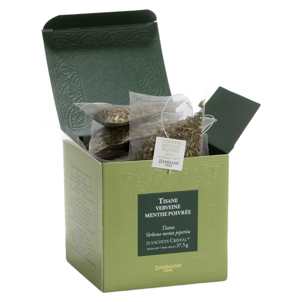Tisane Verveine Menthe Poivrée Dammann - boîte de 25 sachets ouverte